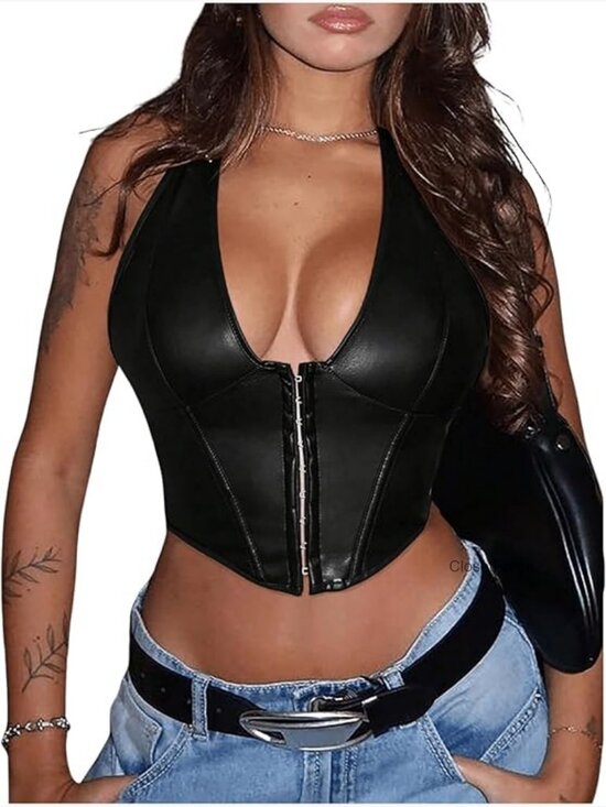 Tops - Y2K PU Leather Halter Neck Hook Eye Backless Crop Tank Top